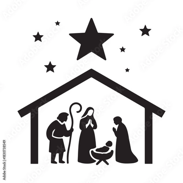 Fototapeta  Black Silhouette Vector of Christmas Nativity Scene with Manger and Star.