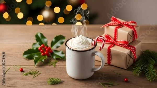 Fototapeta Steaming hot chocolate with whipped cream and candy cane, surrounded by Christmas gifts and holly on a wooden table.