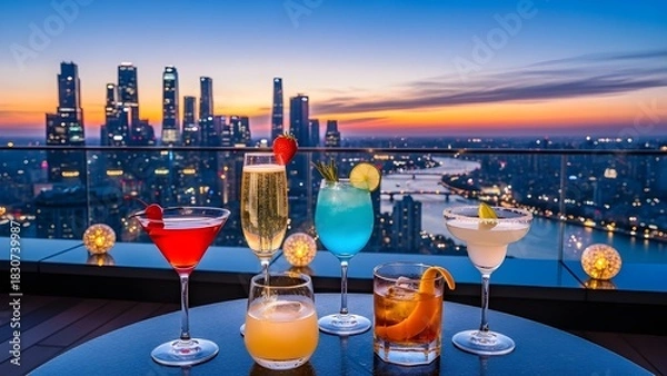Fototapeta Assortment of vibrant cocktails on a rooftop bar overlooking a stunning city skyline at sunset.