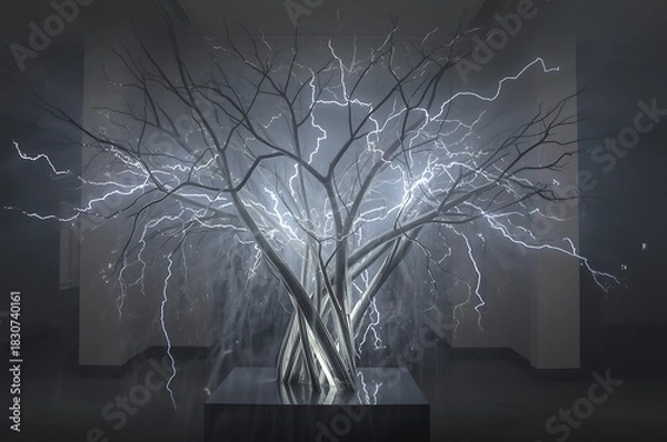Obraz Abstract illuminated tree sculpture with delicate branches and glowing light strands creating a magical ethereal atmosphere