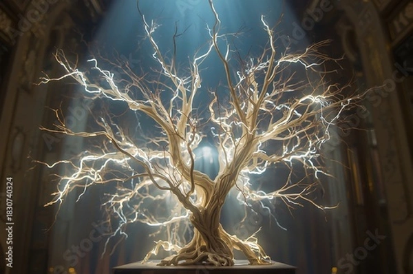 Obraz Ancient glowing gnarled tree branches illuminated by mystical light in a dark cavernous hall