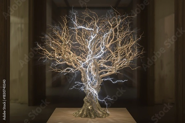 Obraz Intricate wire sculpture of a majestic tree illuminated with warm and cool tones