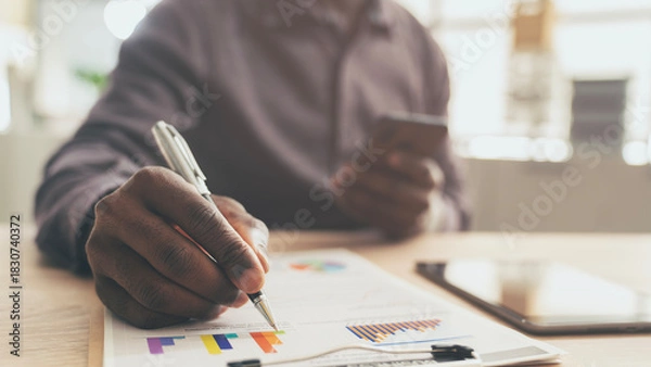 Fototapeta Businessman working on graph on table