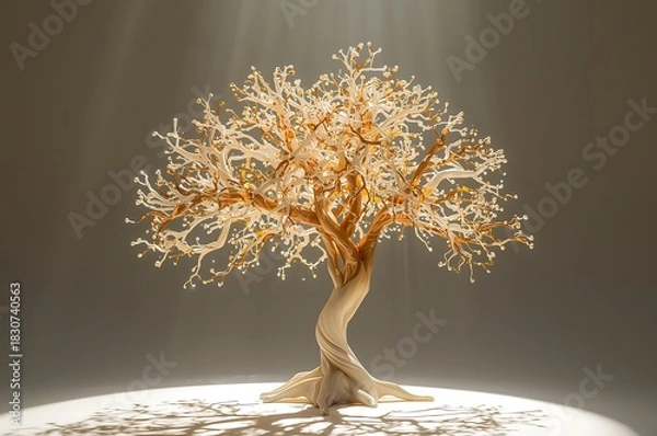 Obraz Illuminated wire tree sculpture with twisted trunk and delicate leafy canopy
