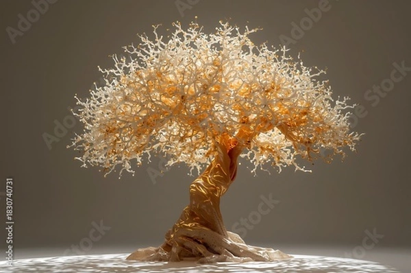 Obraz Illuminated miniature tree sculpture with delicate branches and warm amber glow on a reflective surface