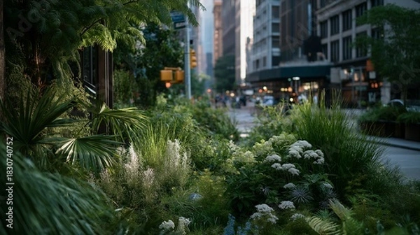 Fototapeta A green infrastructure proposal showing a simulated city street transformed with rain gardens, permeable pavements, and tree canopies — climate-resilient design, urban sustainability solutions, and