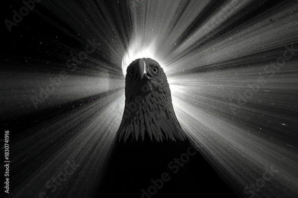Obraz Dramatic black and white image of a bird s head silhouetted against bright streaking light rays