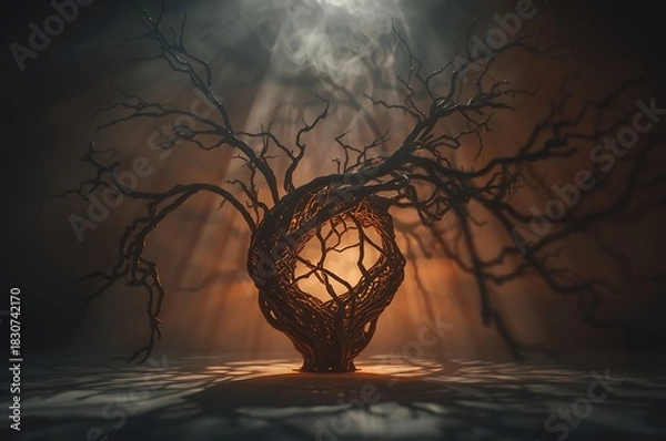 Obraz Eerie glowing heart shaped object entwined with bare branches in a dark misty forest
