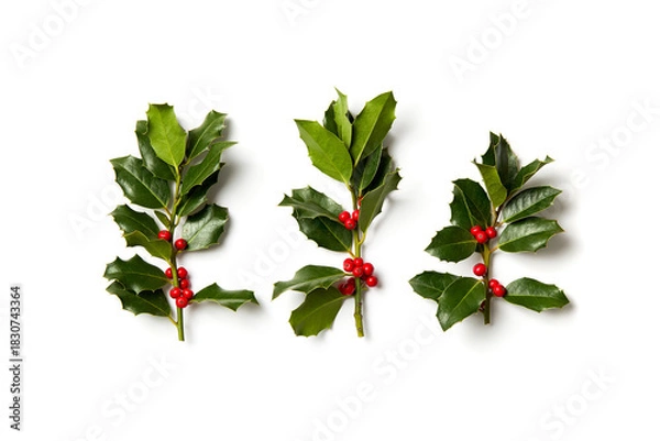 Obraz Real, freshly picked holly branches on a white background. Natural Christmas holly sprigs arranged in a row.