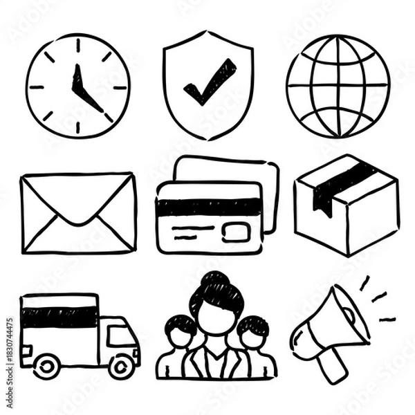 Fototapeta Hand-drawn Business and Delivery Icons Time, Security, Global, Email, Payment, Package, Transport, Team, and Communication