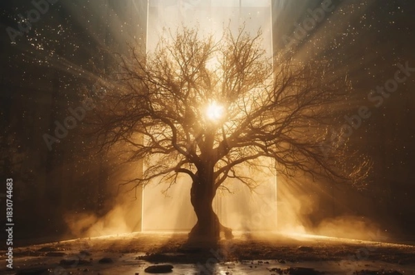 Obraz Majestic ancient tree bathed in golden sunlight rays amidst a misty forest