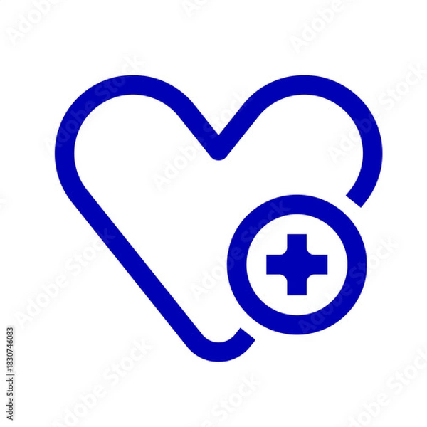 Fototapeta Vector graphic of a heart with a plus sign, a symbol for healthcare, medical aid, and adding to favorites. This minimalist blue line icon represents health, wellness, and cardiology