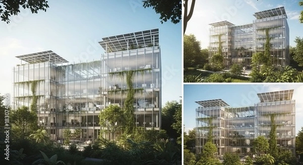 Fototapeta Modern office building with solar panels and green design in sunny environment.