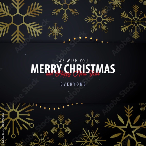 Fototapeta Marry Christmas and Happy New Year banner on dark background with snowflakes and gift boxes. Vector illustration.