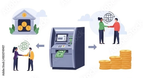 Fototapeta Business people shaking hands during currency transfer, depicted with a bank and ATM in the background, showing financial transactions.