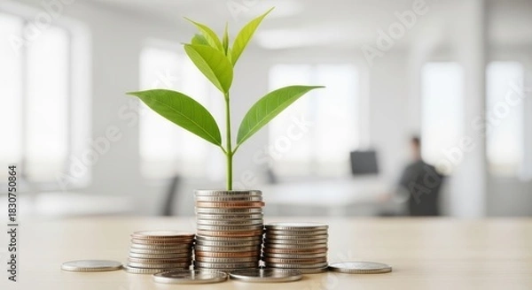 Fototapeta Plant growing from coin stacks, business concept of investments, returns, success, growth in an office.