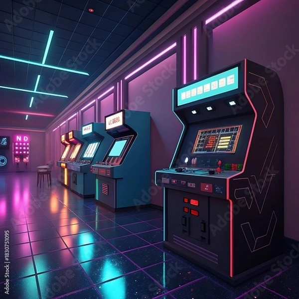 Obraz Retro arcade hallway with neon lights and classic game machines