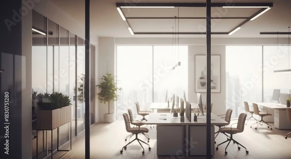 Fototapeta Office space interior with modern desks, chairs, lighting, and city backdrop. Business workspace in professional environment.