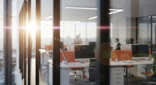 Fototapeta Office workers in suits working in an open office setting with sunlight and modern design.