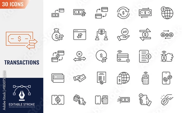 Fototapeta Transactions icon set. Editable stroke. Vector illustration