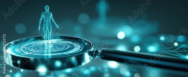 Fototapeta The Magnifying Glass Revealing a Holographic Human Figure Over Digital Network Background