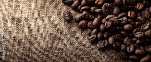 Fototapeta The Coffee Beans Pile on Burlap Sack Beside Rustic Textured Background for Culinary Imagery