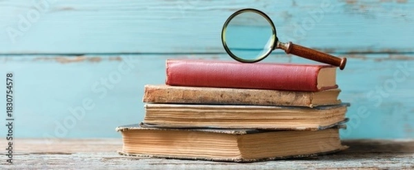 Fototapeta The Books and Magnifier on Weathered Wooden Table Evoke Vintage Study and Curiosity