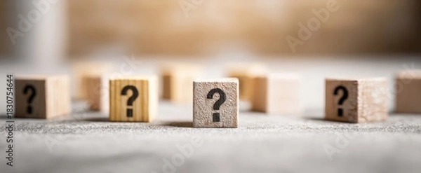 Fototapeta The question mark wooden blocks symbolizing uncertainty creativity decisions and mystery