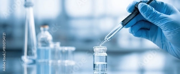 Fototapeta The pipette adding liquid into a small glass vial in laboratory research setting