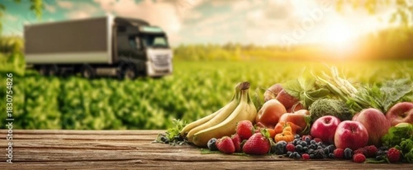 Fototapeta The Fresh Fruit Harvest Display on Rustic Wooden Table with Delivery Truck in Background