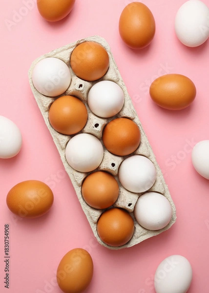 Fototapeta fresh farm chicken eggs on a colored background. Vertical photo format