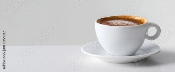 Fototapeta The Coffee Cup with Frothy Cappuccino on White Saucer and Minimal Background