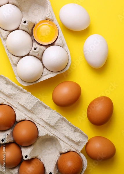 Fototapeta fresh farm chicken eggs on a colored background. Vertical photo format