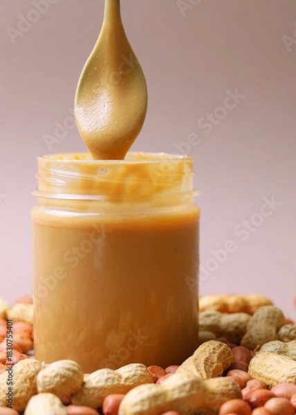 Obraz peanut butter and raw peanuts on a light background. Vertical photo format