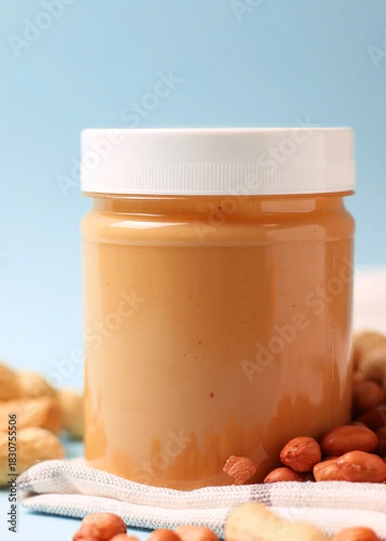 Obraz peanut butter and raw peanuts on a light background. Vertical photo format