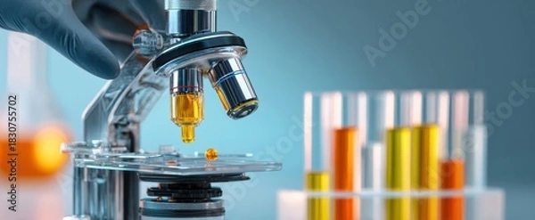 Fototapeta The microscope focusing a golden liquid droplet over test tubes in scientific laboratory