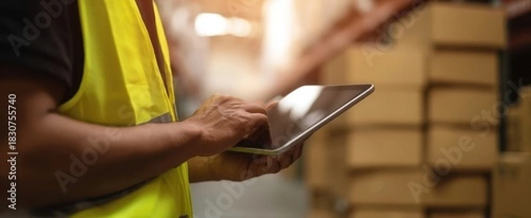 Fototapeta The Warehouse Worker Using a Tablet to Manage Inventory in a Busy Distribution Center
