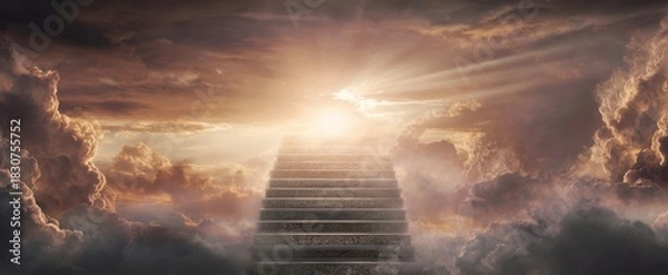 Fototapeta The Stairway to Radiant Heaven Above Clouds Leading Toward a Glowing Horizon