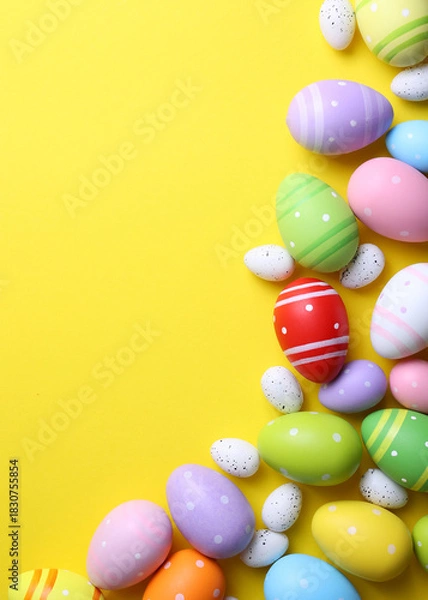 Obraz Easter eggs on a colored background, festive background . Vertical photo format