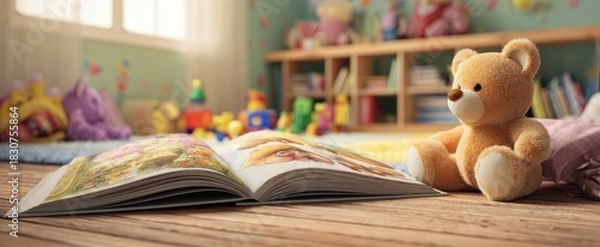 Fototapeta The Teddy Bear and Open Storybook Beside Sunlit Playroom Shelves Evoke Childhood Wonder