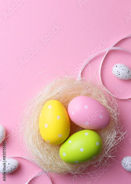 Obraz Easter eggs on a colored background, festive background . Vertical photo format