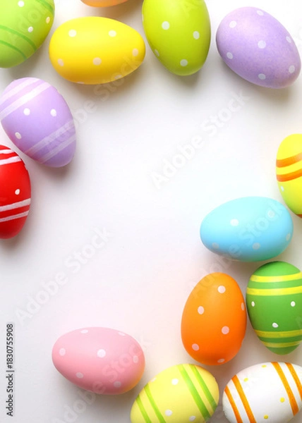 Fototapeta Easter eggs on a colored background, festive background . Vertical photo format