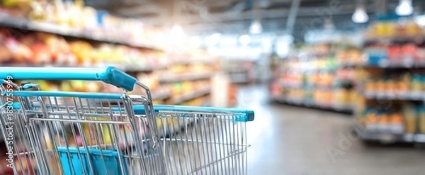 Fototapeta The shopping cart in a bright supermarket aisle with blurred colorful product shelves