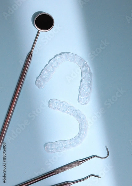Obraz Aligners for straightening teeth on a light background. Vertical photo format