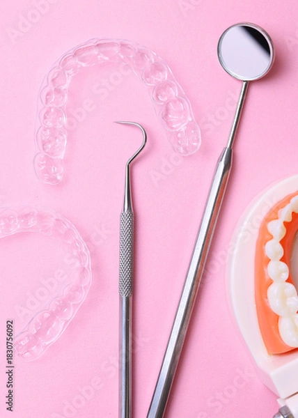 Obraz Aligners for straightening teeth on a light background. Vertical photo format