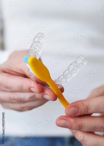Obraz Aligners for straightening teeth on a light background. Vertical photo format