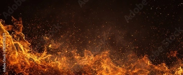 Fototapeta The Flames Dancing Across a Dark Background With Flying Sparks and Glowing Embers