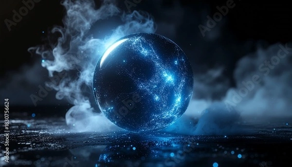 Fototapeta Glowing blue sphere of cosmic energy and stardust surrounded by ethereal smoke on a dark, wet ground