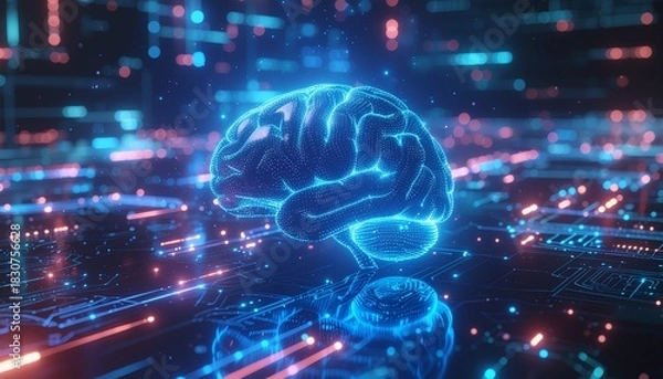 Fototapeta Conceptual visualization of a glowing blue digital brain processing data within a futuristic network, symbolizing artificial intelligence and advanced technology
