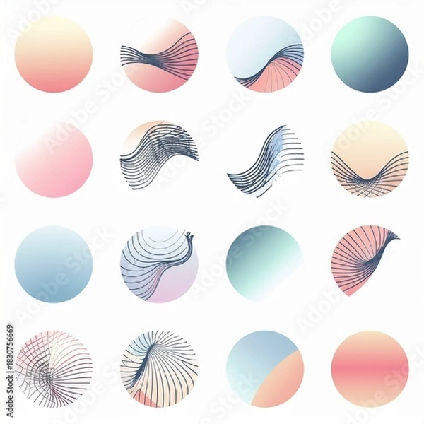 Fototapeta Set of abstract circular design elements featuring futuristic warped line art and soft pastel gradient backgrounds for modern logos